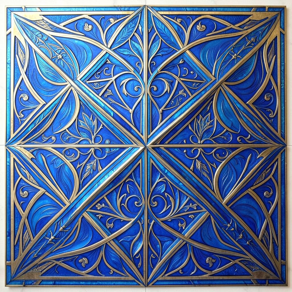 Szimmetrikus art deco geometrikus minta sötétkék és arany tónusokban, éles vonalakkal és nyugodt, elegáns hangulattal